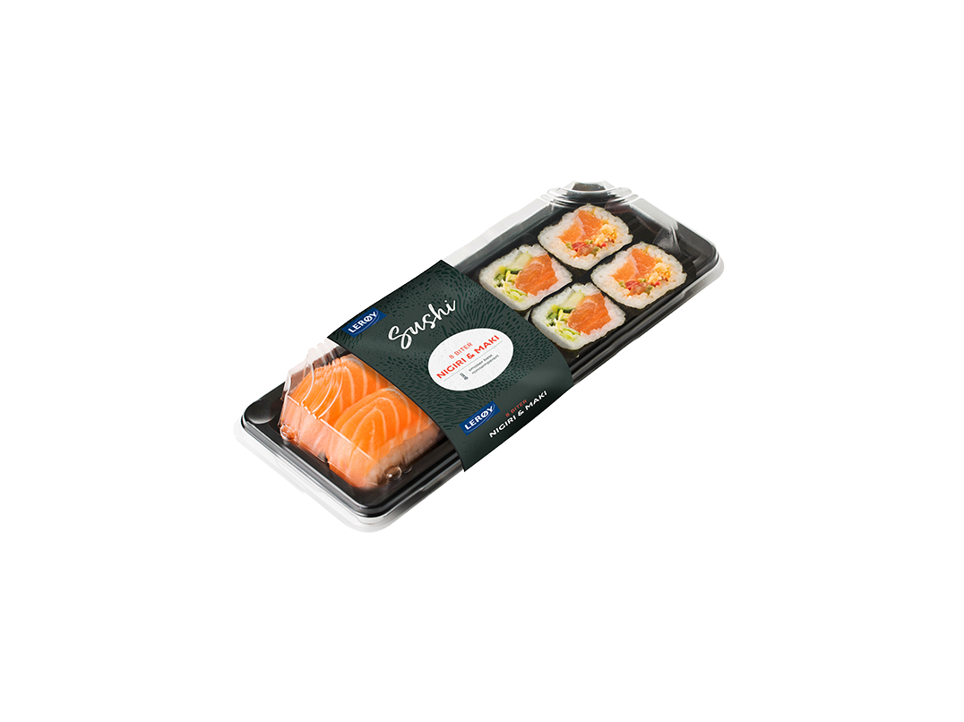 Brett med sushi av laks