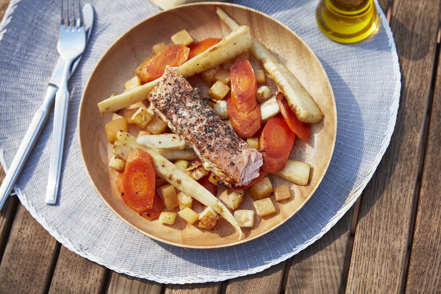 Grilled honey-marinated salmon with roasted root vegetables