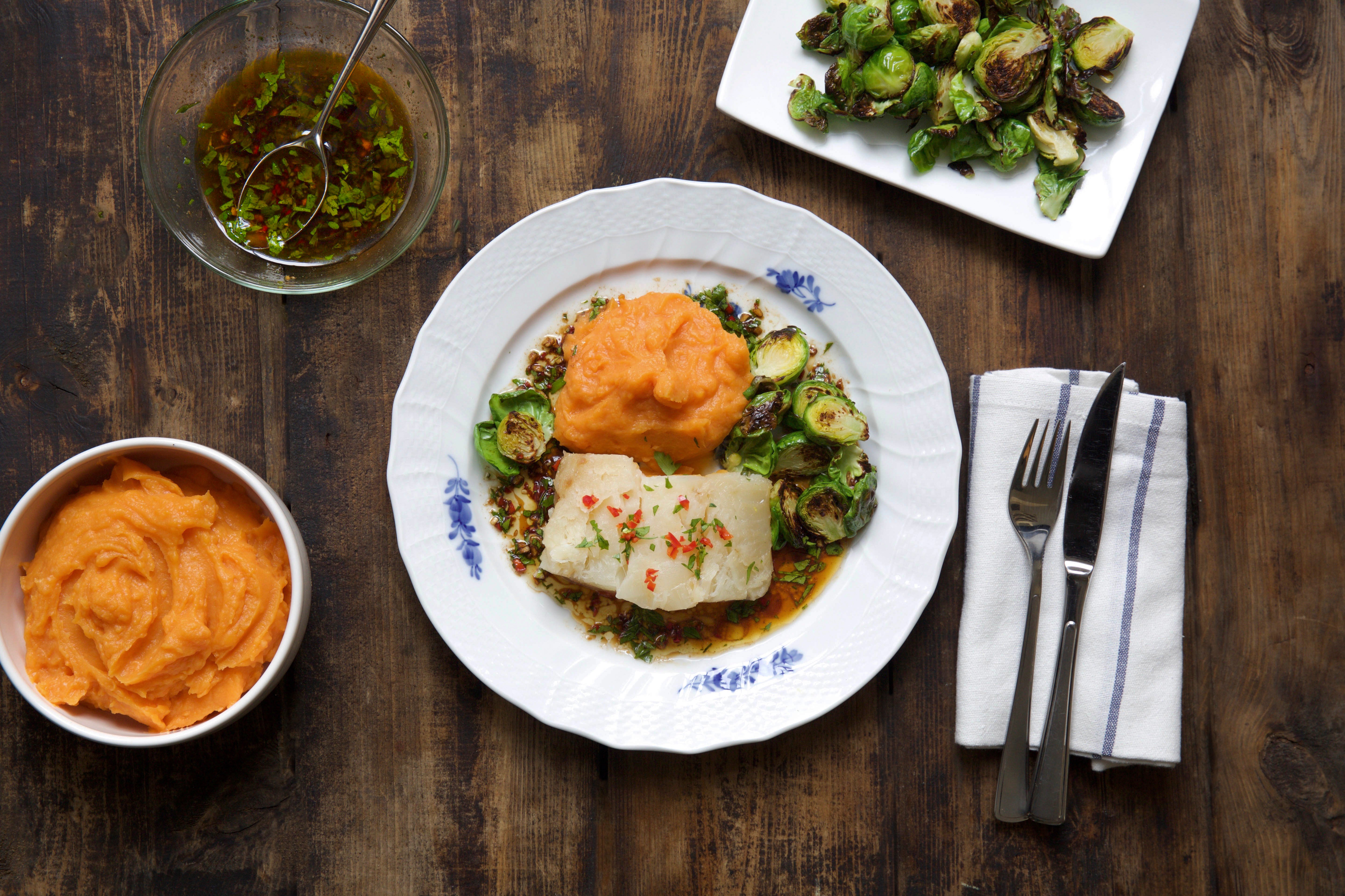 Lutefisk med soyasmør og søtpotetstappe