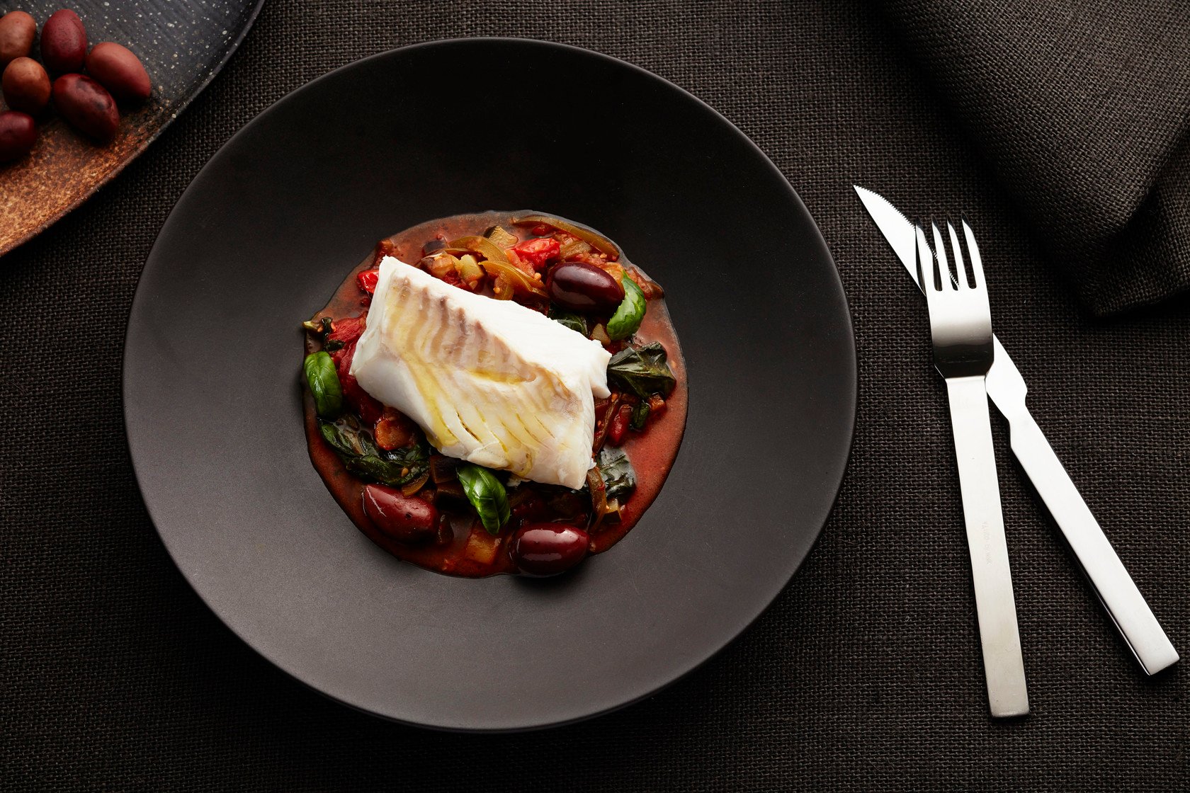 Ratatouille with lightly salted cod and olives