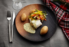 Cod with almond potatoes and dill butter