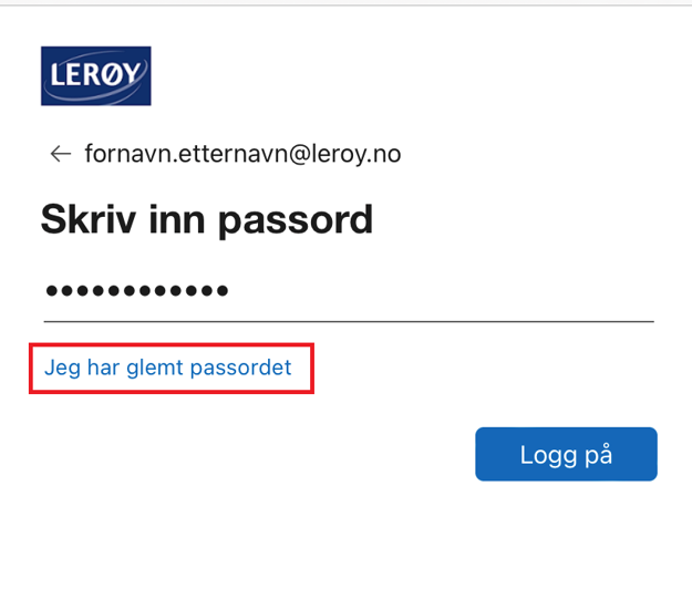 Skjermbilde glemt passord 