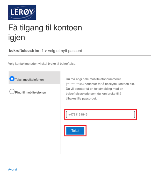 Skjermbilde glemt passord