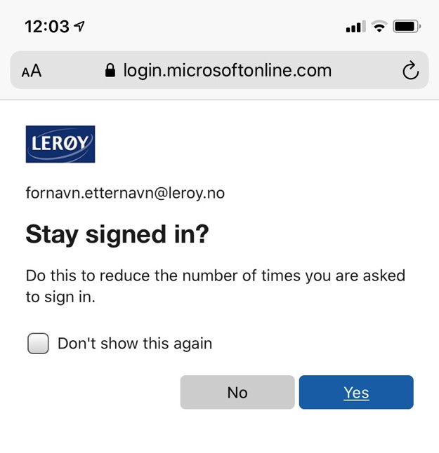 Skjermbilde log in