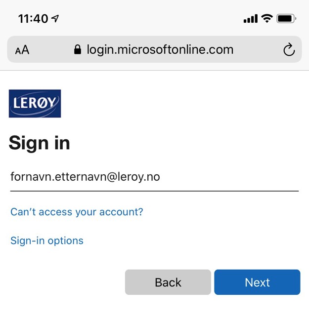 Skjermbilde log in