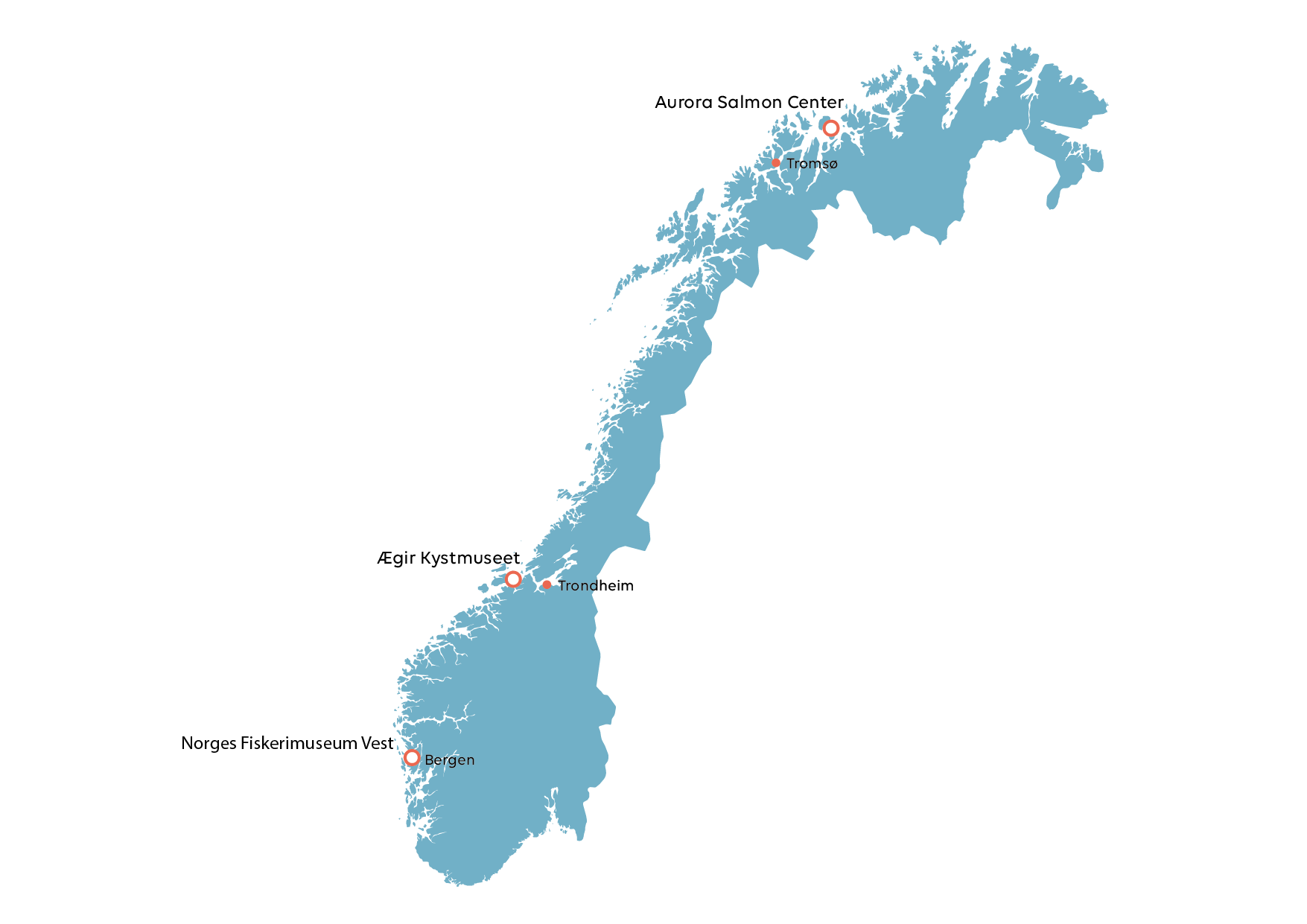 Kart over visningsenterene i Norge