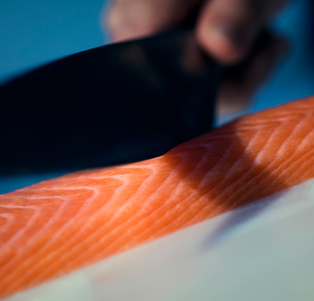 Aurora Salmon filet being cut with a knife