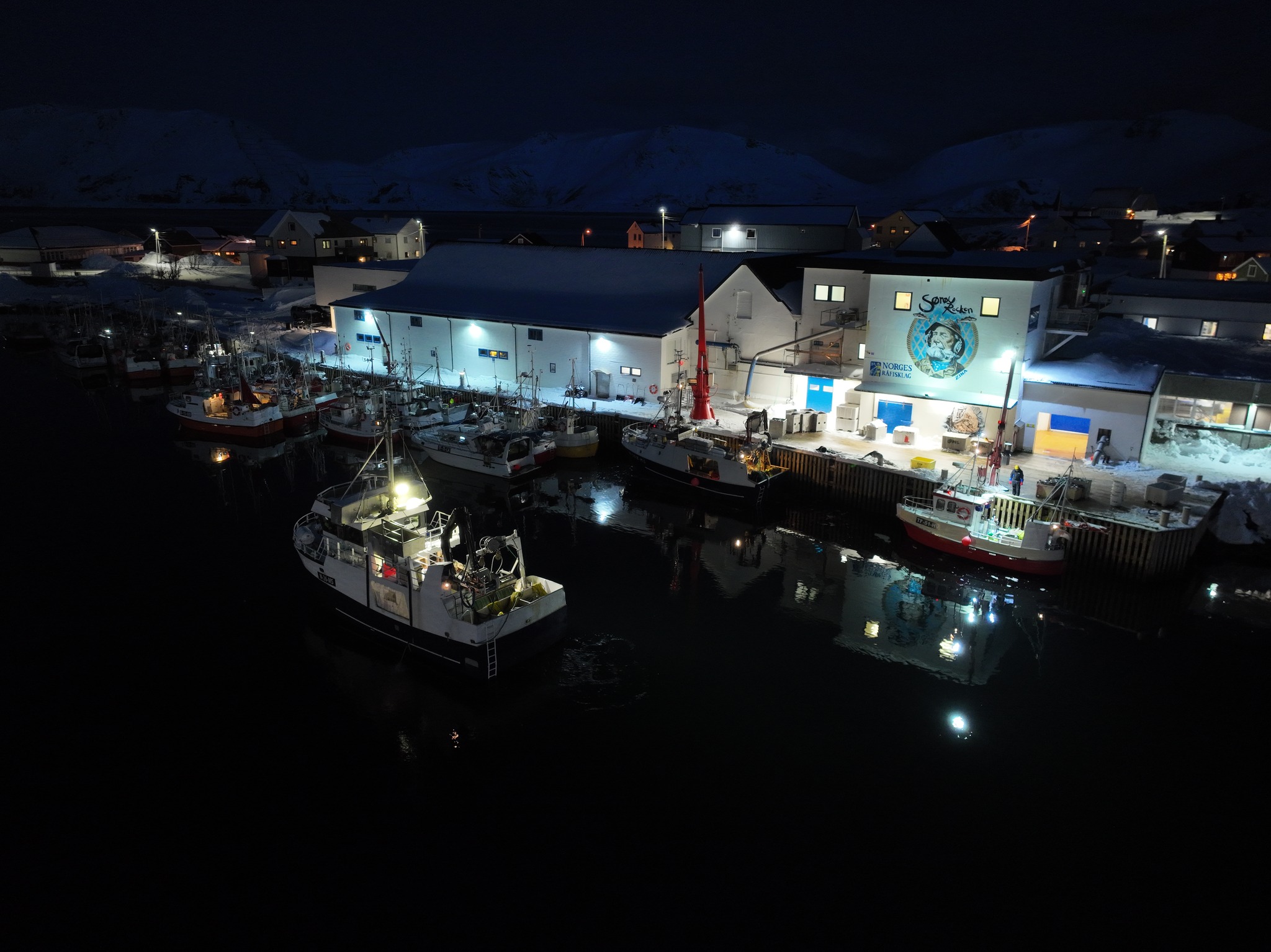 Dronebilde kveld fiskemottak, kai og fiskebåter