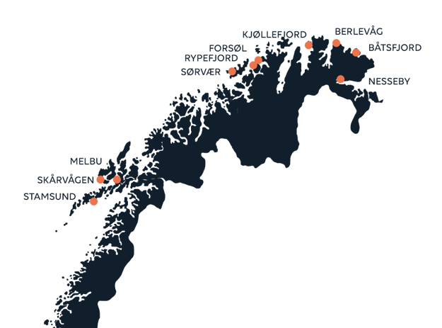 Norgeskart nordnorge illustrasjon med lokasjoner for mottak av fisk markert