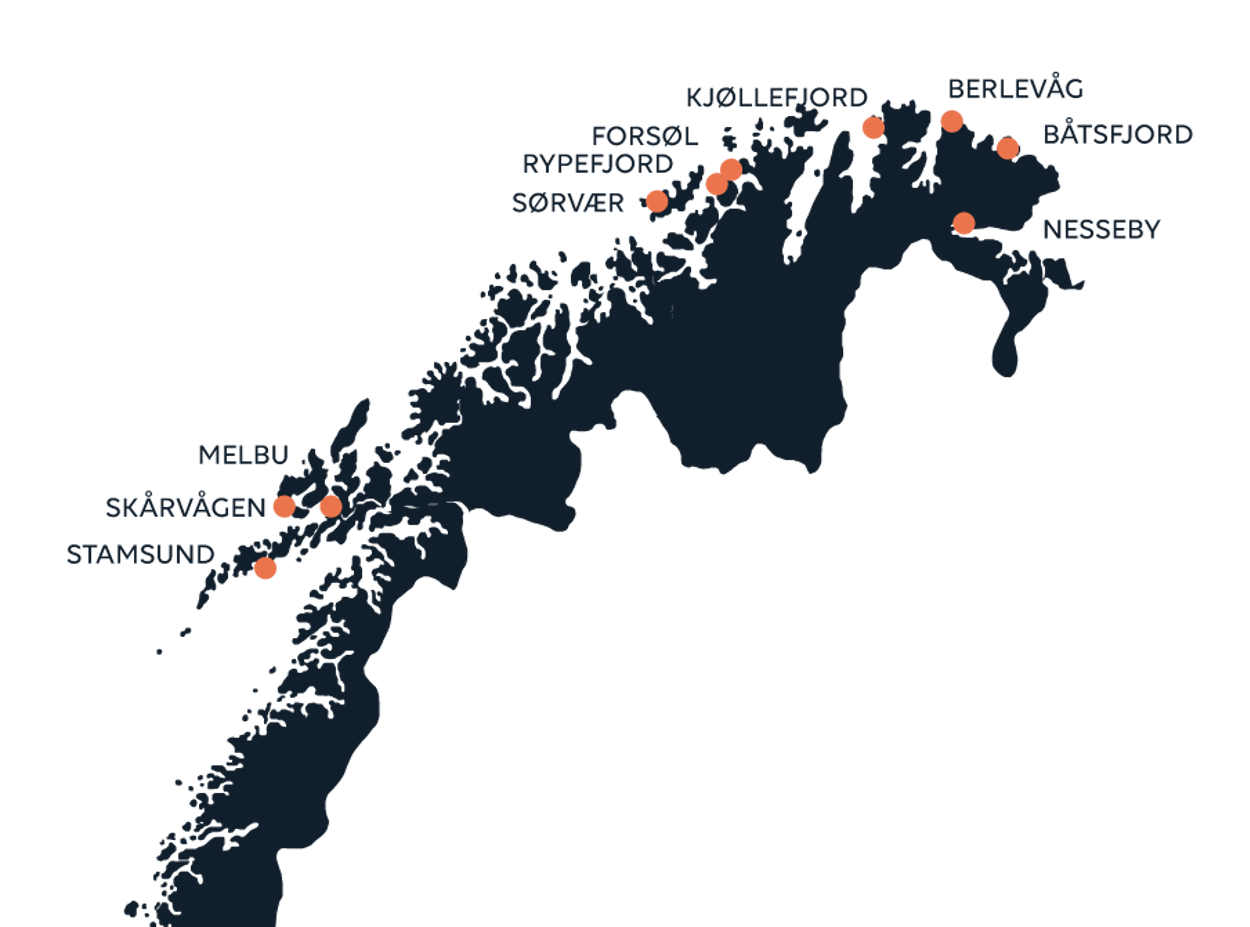 Norgeskart nordnorge illustrasjon med lokasjoner for mottak av fisk markert