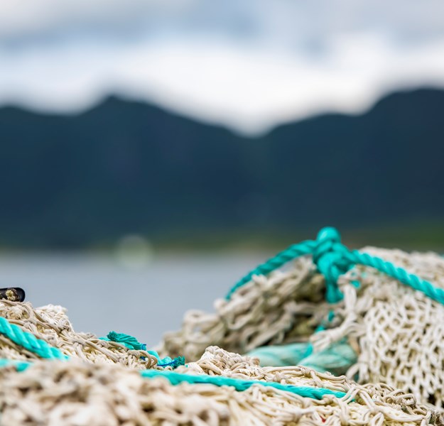 fishing line lying in the front in focus. In the back is skies, mountains and ocean blurry. 