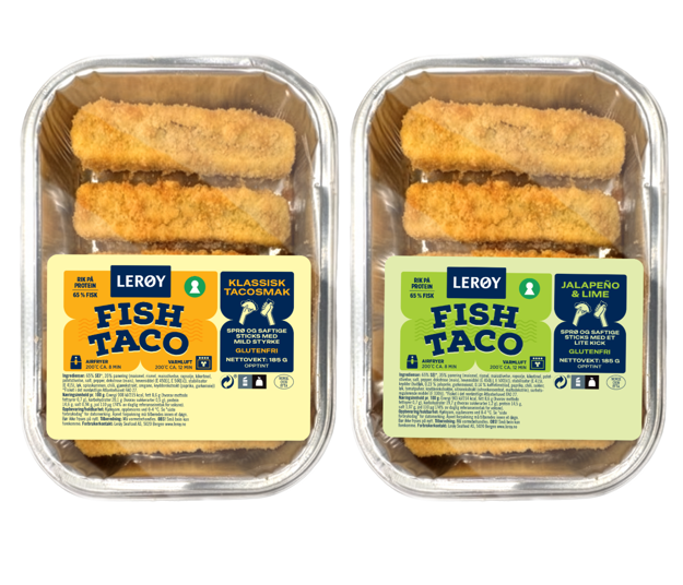 To aliminiumsformer med gylne avlange taco sticks inni. Transparent forpakning med klistremerke nederst hvor det står Fish taco sticks og Fish taco sticks jalapeños og lime på den andre.  