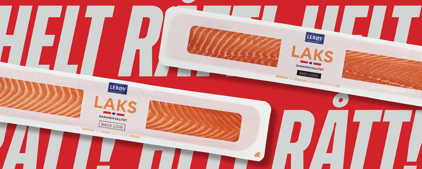 Lakseloin i forpakning sett forfra oppå rød bakgrunn med teksten "Helt rått"