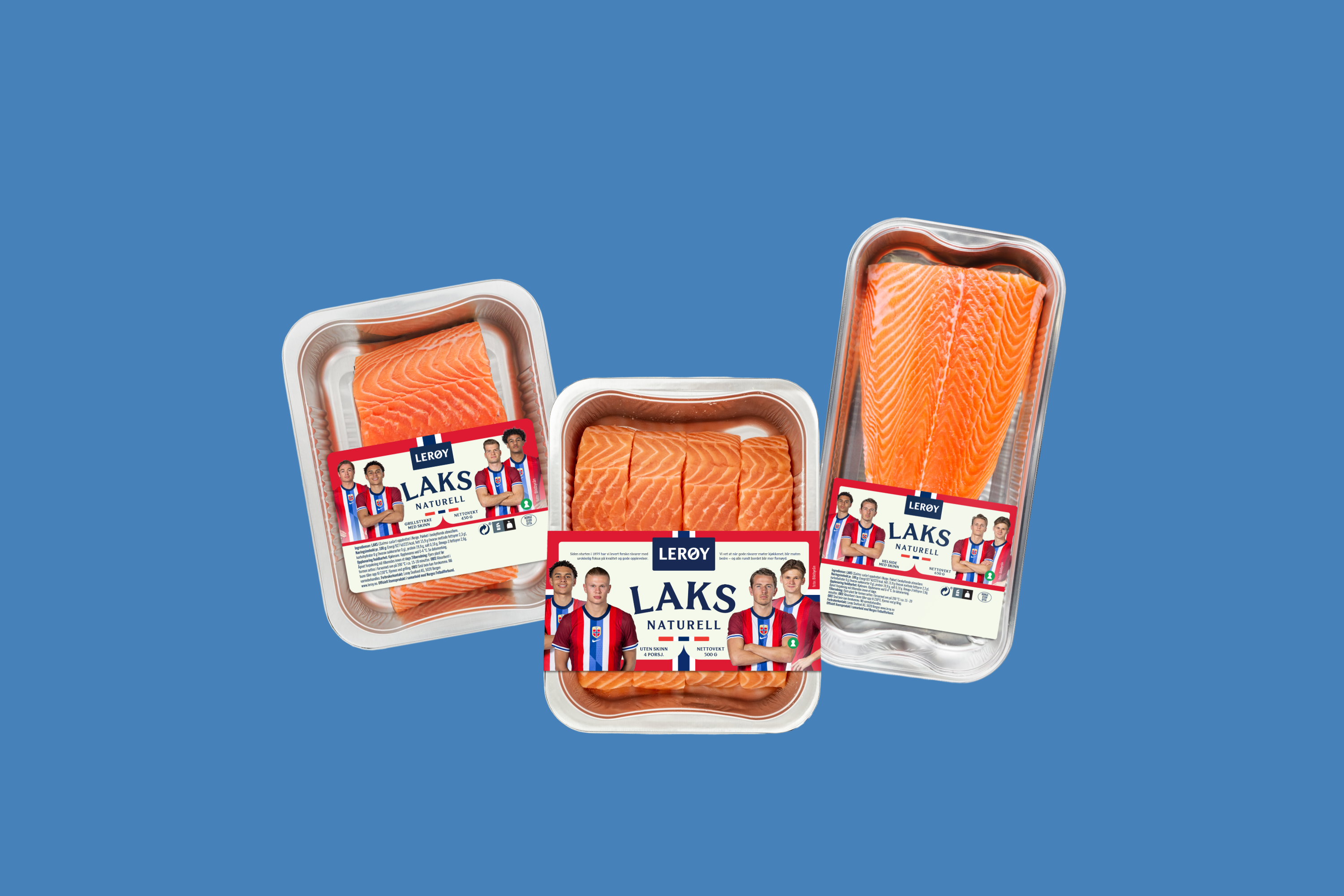 blå bakgrunn, tre lakse-forpakninger