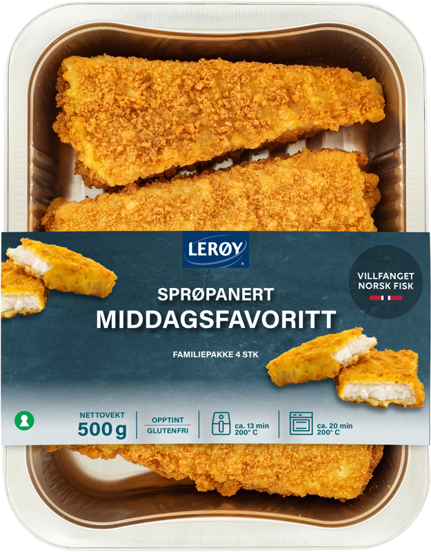 Forpakningsbilde av Sprøpanert Middagsfavoritt. Panerte fileter i alufilm sett ovenfra, med etikett