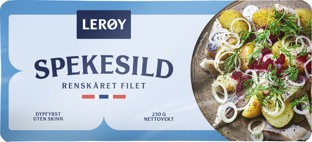 Blå forpakning med teksten "Spekesild"