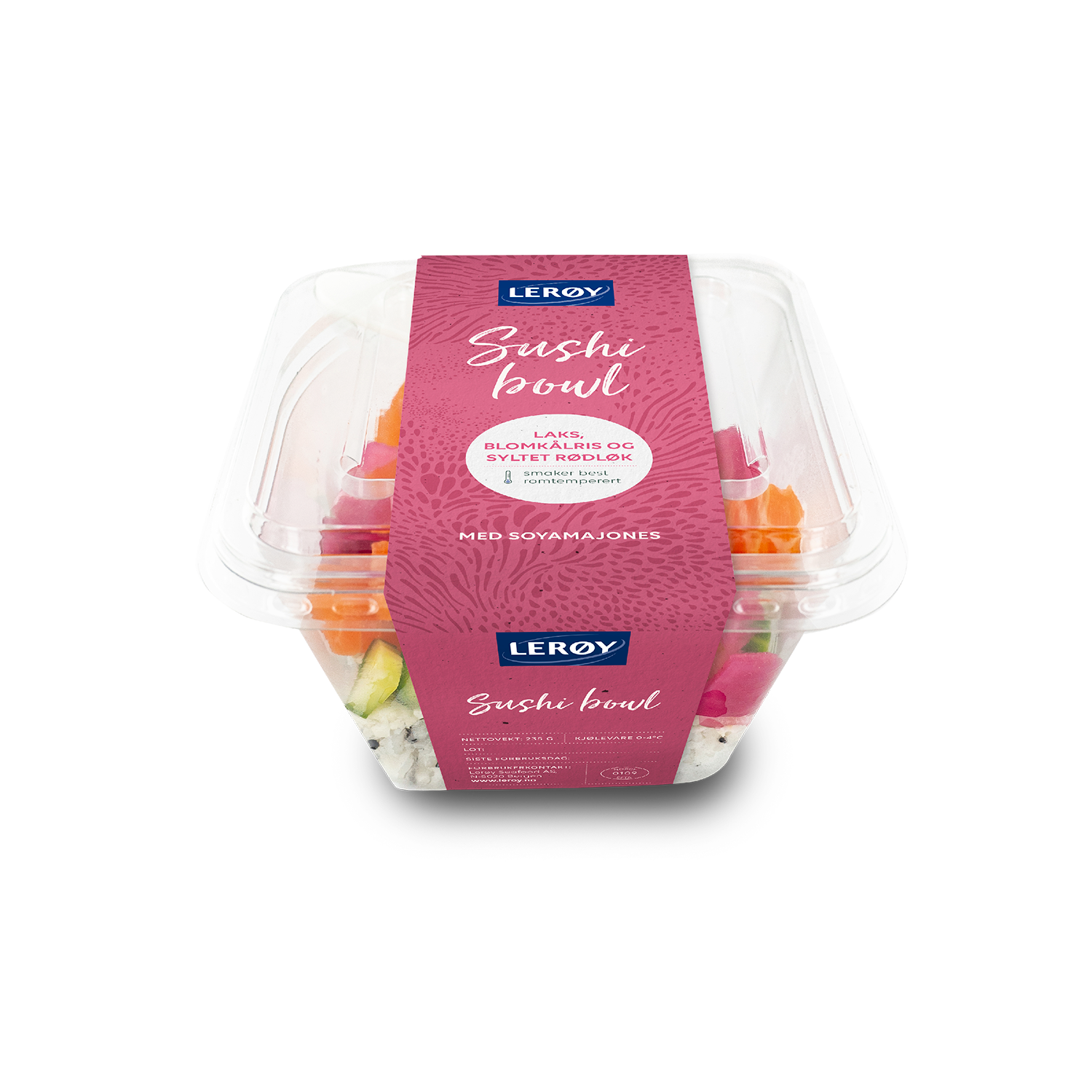 Sushibowl med blomkålsris og syltet rødløk forpakning