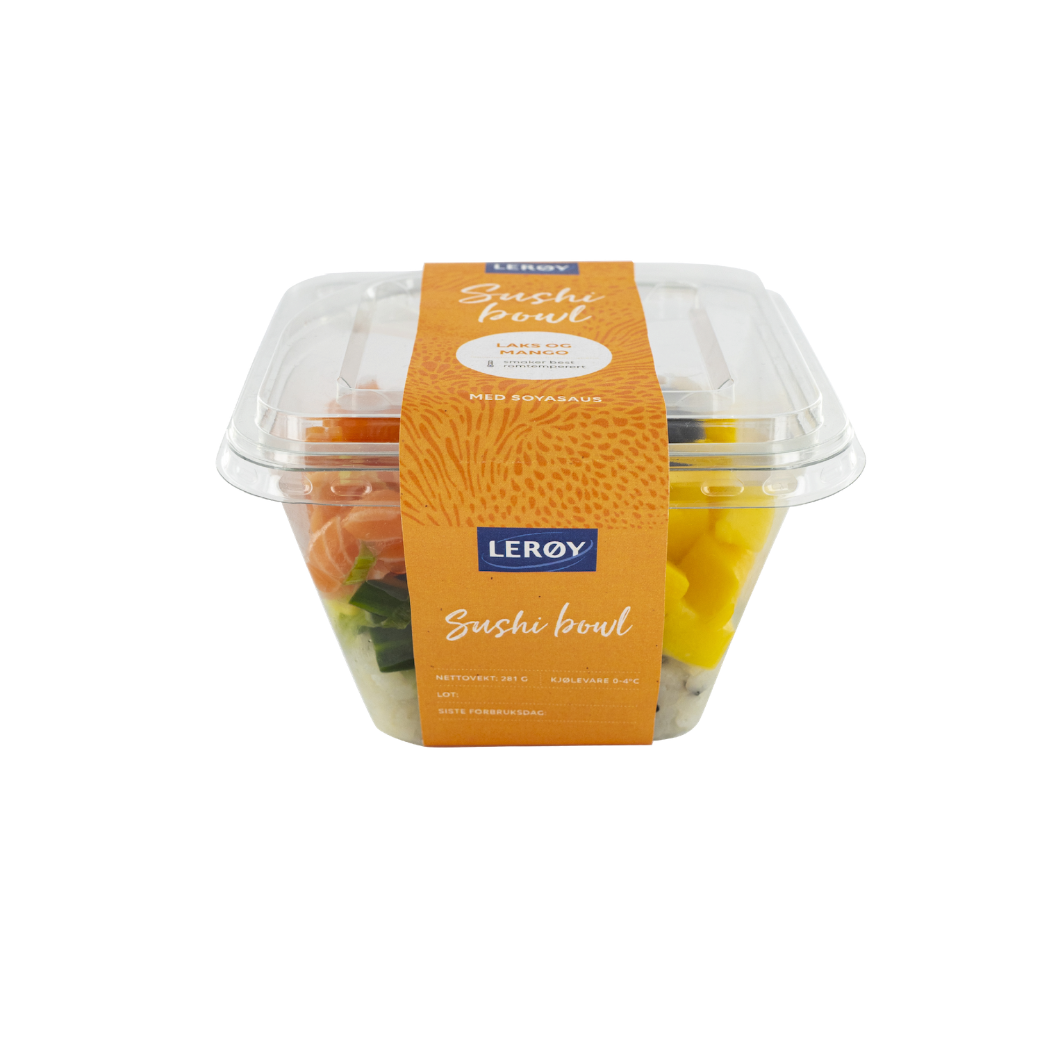 Sushibowl med laks og mango forpakning