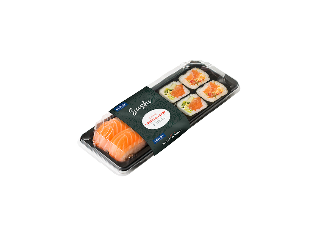 Brett med sushi av laks