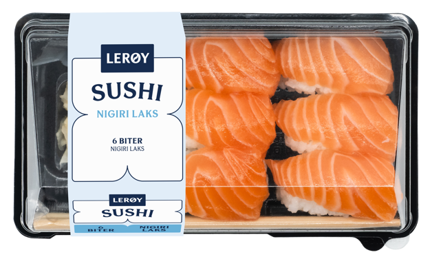Sushi 6 biter Nigiri Laks produkfoto med etikett