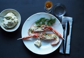 Langoustines au gratin with whipped clementine butter