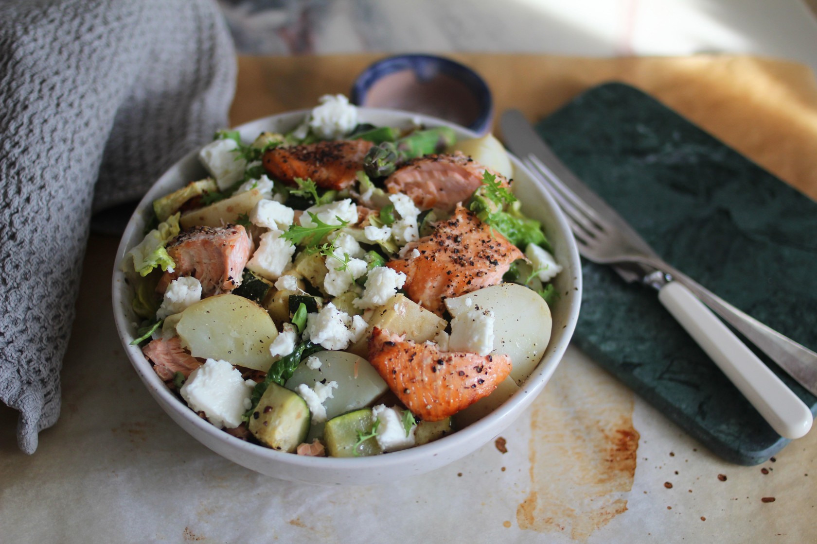 Salmon with asparagus and warm potato salad