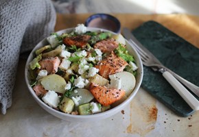 Salmon with asparagus and warm potato salad