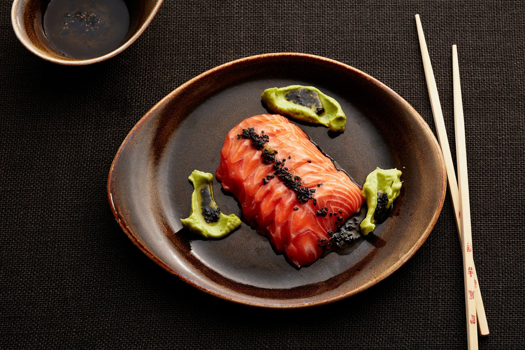 Salmon sashimi with avocado and wasabi cream