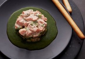 Trout tartare with kelp salt and breadsticks