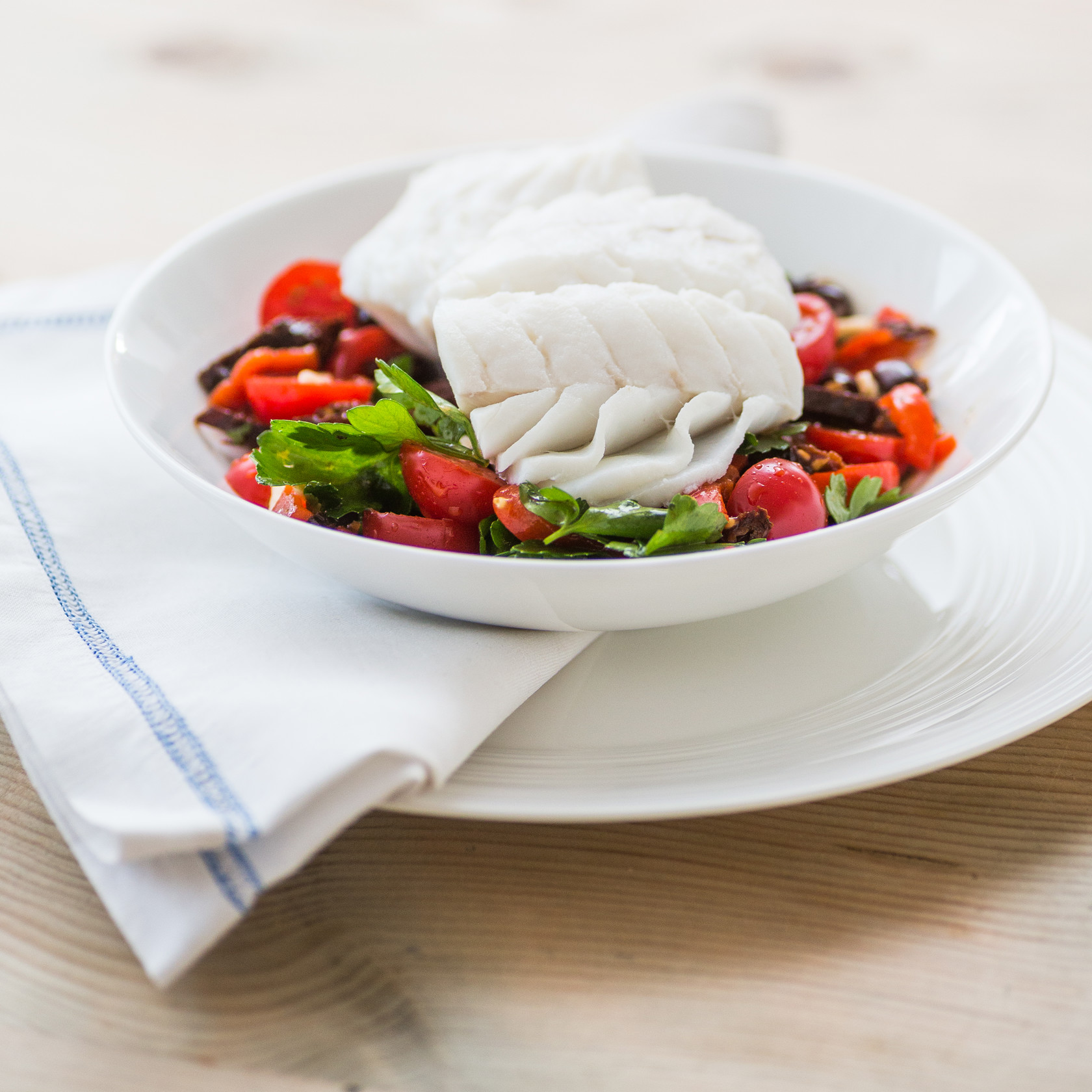 Lightly salted cod with Mediterranean flavours