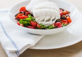 Lightly salted cod with Mediterranean flavours
