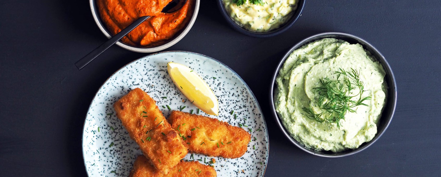 Tre dipper til fiskepinner