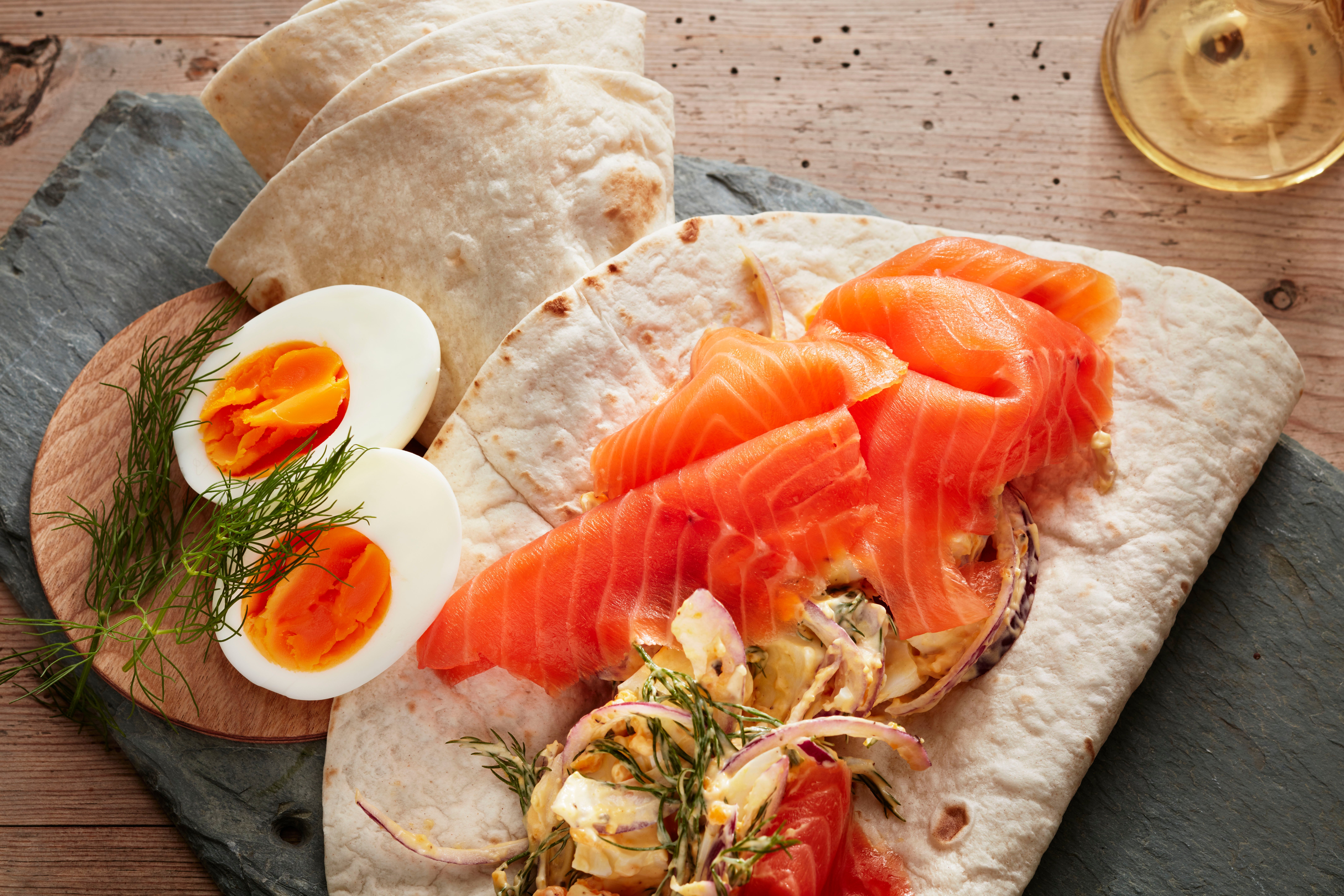 Wraps med røkelaks, eggesalat og dill